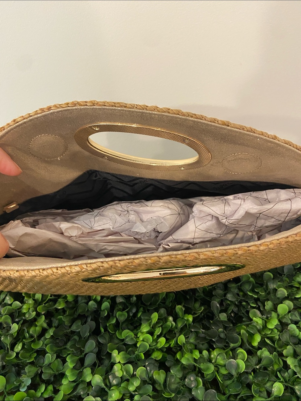 Olga Berg Tan Woven Half-Moon Clutch with Gold Oval Handle - Picture 7 of 7